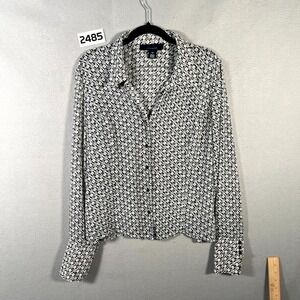 Jones Wear Blouse Womens 14 Black White Geometric Print Office Button Front